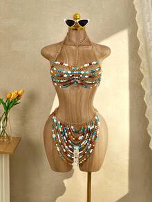 Mistrie Women's Colorful Beaded Swimwear Set, 2pcs/Set, Women's Swimwear Set, Beach VacationSwimwear Set, Island Vacation Swimwear Set, Beach Pool Party Holiday Wear, Spring/Summer, Spring/Summer Boho Swimwear, Women's Beach Bikinis Summer 2026 Summer Outfits For Women Beach Dress Beach Outfits For Women Elegant Casual Summer Holiday Outfits Vacation Outfits For Women Swimwear Bathing Suits For Women Bikini Dress Sexy Summer Rhinestone Bikini Beaded Bikini - Blue - View 5