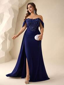 Coutiva 大码女式纯色水晶装饰露肩褶皱设计飘逸正式晚礼服（重工装饰） - 藏蓝色 - 查看 7