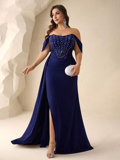 Coutiva Vestido de noche formal con diseño plisado, hombros descubiertos y decoración de cristales en talla grande para mujer (muy adornado)