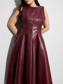 Aveloria Modichic Elegant & Chic Women's Fashion Date High-End Luxury Split Design Round Neck Waist Flared Hem PU Plus Size Sleeveless Dress - Burgundy - View 2