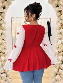 Elenzga 大码女式优雅蝴蝶结雪纺袖装饰方领A字衬衫，收腰设计，修身显瘦，舒适百搭，适合情人节、返校季、毕业典礼、节日、音乐节、母亲节、万圣节、感恩节、复活节、国庆节、晚会、约会、派对、婚礼、郊游等场合。 - 紅色 - 查看 2