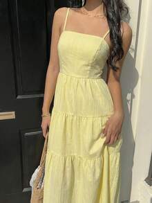 Sunnyshic Women's Yellow Spaghetti Strap Midi Dress With Waist Cinching And A-Line Silhouette, Suitable For Beach, Vacation, Casual Outing, Date, Versatile All-Match, Fashionable, Spring/Summer, Back To School Season - Yellow - View 3