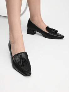 Mnmlis Women's Fashion Fringed Flower Spike Small Square Toe Thick Heel High Heel Shoes - Black - View 3