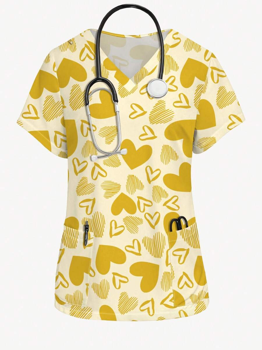 PopScrub 黄色爱心印花V领短袖女式/护士服上衣,春夏时尚款 - 白色 - 查看 1