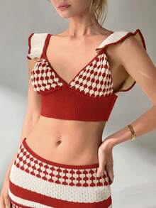 SHEIN Cottnline Women Top And Skirt Openwork Sweater Cover Up Set - Red - View 7