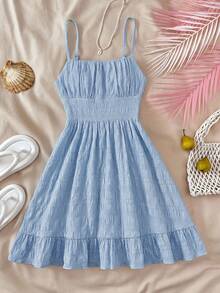 SHEIN 少女夏季休闲度假纯色荷叶边无袖吊带连衣裙，适合夏季约会之夜、海滩度假、女生郊游、海滩度假装扮、女士太阳裙 - 藍色 - 查看 3