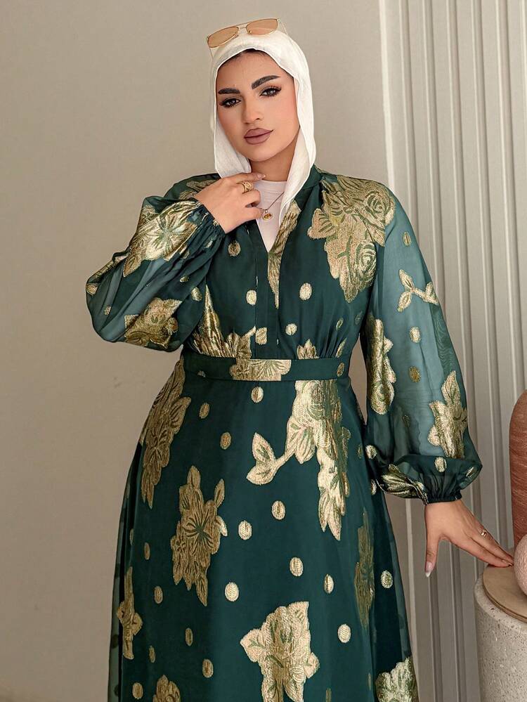 Dazy Plus Plus Size Women's Floral Print V-Neck Waist Cinched Lantern Sleeve Chiffon Waist Dress, Elegant Green Sundress