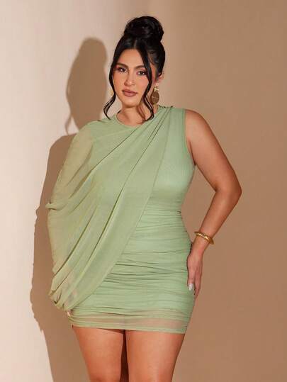 SHEIN BAE Plus Size Women's Spring/Summer Short Asymmetric Ruffled Mini Dress, Green Optimized Dress,Summer,Summer Holiday Outfits,Spring Break Outfits ,Valentine Outfits For Women,Valentine's Day Outfit,Carniva,Carnival Women Look 2026,Plus Size,Curve,Elegant Outfits For Party,Beach Outfit For Women,Wedding Guest Party Dress ,Going Out,Vacation Outfits Women,Birthday Dress For Women,Formal Dress For Women,Plus Size Dress For Women,Tea Party Outfit Women,Club Outfits Women Plus,Airport Outfit For Women Travel,Plus Size Dresses For Women