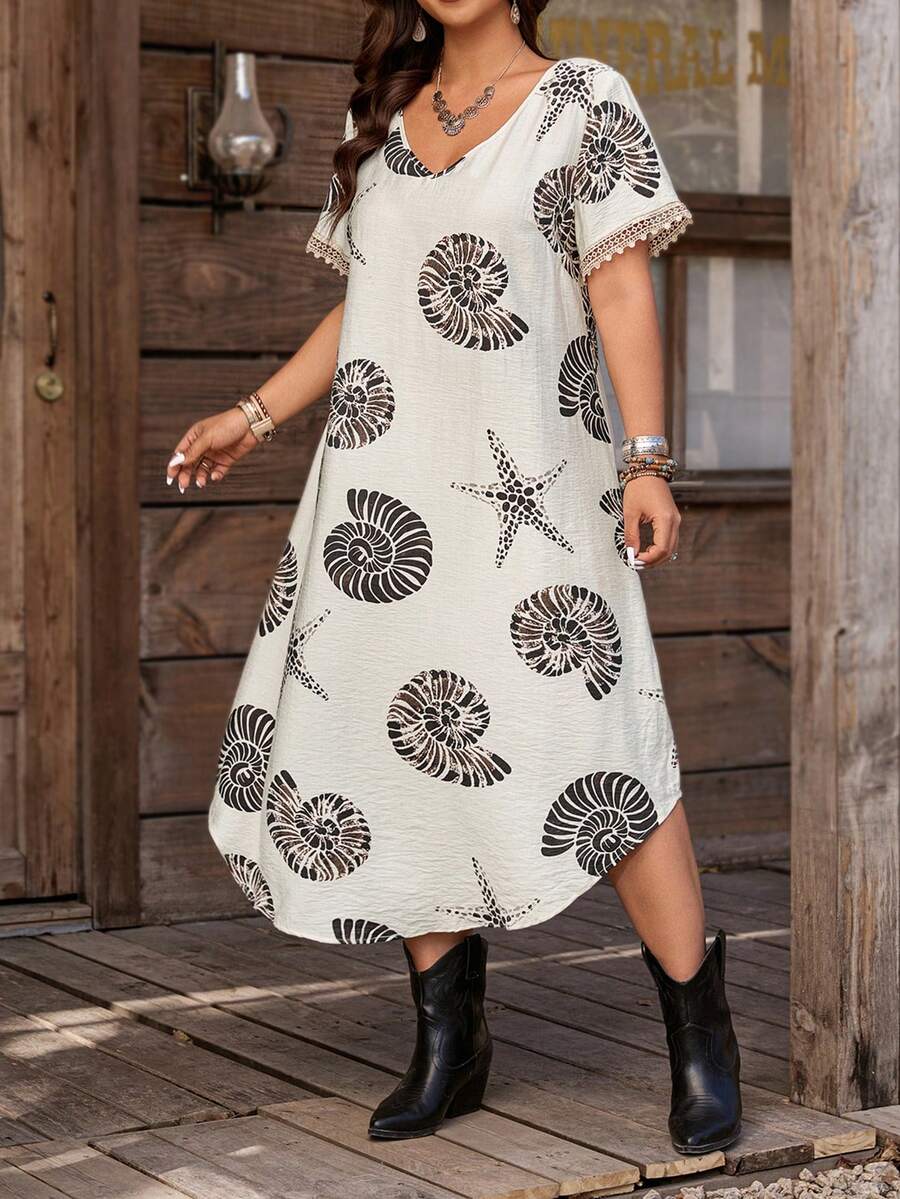 SHEIN LUNE Plus Size Peplum Hem Printed Vacation Leisure Dress Maxi Women Outfit - Black and White - View 1