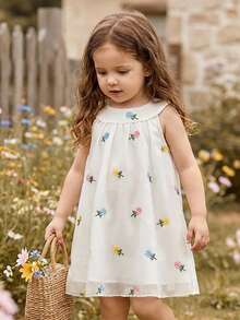 SHEIN Vintaside Kids 女婴无袖刺绣花卉连衣裙，甜美风格，优雅公主造型，适合节日和聚会 - 白色 - 查看 5