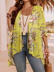 EMERY ROSE Áo khoác mùa hè dáng rộng, thanh lịch, vạt áo bất đối xứng, mở phía trước, nhẹ nhàng, thích hợp cho nữ, phong cách đồng quê giản dị, đi nghỉ mát, đơn giản và thời trang cho mặc hàng ngày, trang phục mùa hè cho nữ, trang phục phương Tây cho nữ mùa thu/đông. - Màu vàng - Xem 4