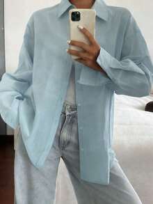 INAWLY Women's Loose Casual Shacket With Embroidered Fabric, Tie-Back Bowknot Design - Blue - View 3