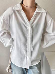 FRIFUL 女士纯色常规领宽松蕾丝系带衬衫 - 白色 - 查看 7