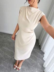 Elenzga 女士优雅休闲日常通勤度假时尚新款立领垂袖收腰杏色连衣裙，夏季 - 杏色 - 查看 6