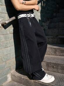 Manfinity EMRG Jeans anchos y sueltos de estilo casual y urbano con rayas de contraste negro en los lados para hombres - Negro - Ver 6