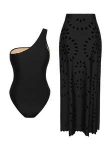 Swim Oasis 女士新款纯色激光镂空单肩抹胸泳衣及激光镂空长裙两件套，修身款，春夏款 - 黑色 - 查看 2