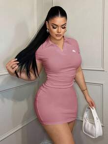 SHEIN SXY 翻领简约休闲商务刺绣连衣裙 - 粉色 - 查看 5