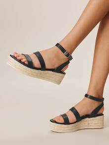 Styleloop Sandalias de cuña con plataforma para mujer, sandalias de cuña con plataforma casual de unicolor y tejido de moda con suela gruesa, sandalias de cuña de lona con correa de tobillo estilo bohemio retro, estilo de atuendo para fiesta del festival de música del oeste americano, atuendo de vacaciones, esencial de viaje - Negro 6 - Ver 5