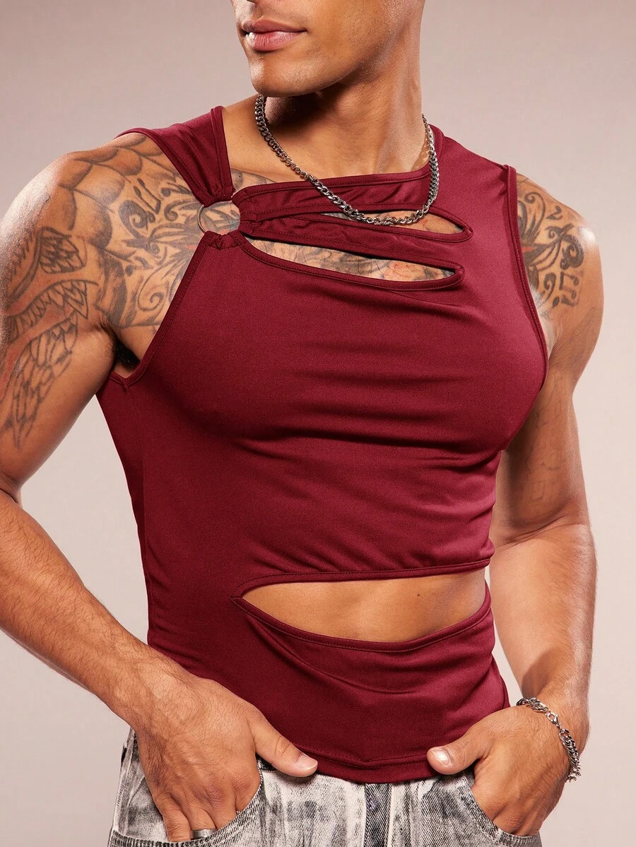 FeverCity Áo tank top nam không tay cổ tròn khoét lỗ, chất liệu dệt kim, kiểu dáng thường ngày, thích hợp cho mùa xuân/hè. - Màu Đỏ Sâu - Xem 1