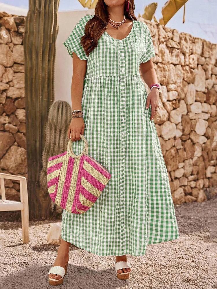 EMERY ROSE Plus Size Women's Summer Casual Vacation Country V-Neck Short  Sleeve Green Plaid Dress, Summer Vacation,Summer Holiday,Spring Break  Outfits ,Vacation Outfits Women ,Holiday Outfits For Women,Going Out Outfits,2026  New Clothes,Simple And