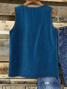 EMERY ROSE Mature Denim Women's Round Neck Button Design Casual Sleeveless Denim Top - Blue - View 2