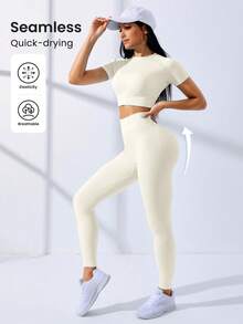 SHEIN Core Rhythm 2件套高弹无缝女士纯色插肩短袖露脐T恤和紧身裤运动套装，女士塑形运动服，女士紧身裤和上衣套装，女士紧身裤套装，2件套速干运动套装，女士健身服套装，2件套健身套装，紧身裤套装，2件套健身套装，瑜伽运动服套装，女士运动套装，夏季女士套装 - 米色 - 查看 9