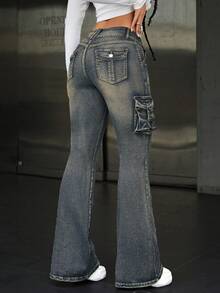 SHEIN ICON Quần jeans ống loe phong cách thường ngày, đường phố, cổ điển, kiểu dáng công sở dành cho nữ. - Màu xanh bụi bặm - Xem 2