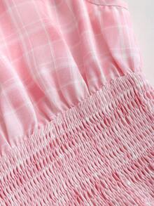 Sweetra 时尚蝴蝶结领格子设计收腰甜美粉色休闲女式衬衫，夏季款 - 粉色 - 查看 6
