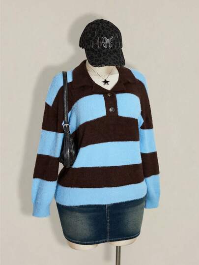 SHEIN ICON Dam Plusstorlek Retro Casual Semesterstil Millennialstil Y2K Blå Brun Bred Randig Krage Polokrage Halvöppen Lös Tröja