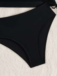 Swim Lushoire Women's Black Mesh Splice Drawstring Tie Tankini Top And Solid High Waist Bottoms 2-Piece Swimsuit, Suitable For Beach, Vacation, Casual Wear - Black - View 4