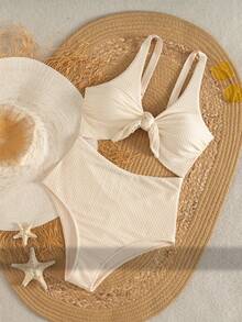 Swim Vcay 2026春夏杏色波点纹理面料无袖胸前系带甜美连体比基尼泳衣（女款） - 杏色 - 查看 2