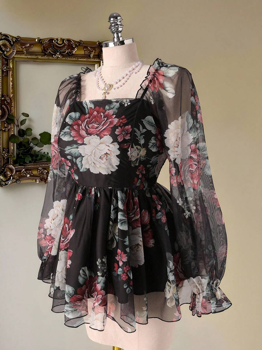 Modelyn Áo kiểu nữ cỡ lớn cổ vuông, eo thon, tay dài, in hoa, chất liệu lưới, kiểu dáng lãng mạn, đa năng. - Nhiều màu - Xem 1