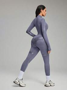 Innovista Women's Fashion Zipper Half-Zip Long Sleeve Jumpsuit Ski Suit Zip PU Catsuit Blue-Gray Long Sleeve Unitard/Jumpsuit, Front Zip+Guard, Removable Pads, Thumbholes, Tonal Stretch PU Panels, Sculpting Compression | Gym HIIT Yoga Pilates |  Mono Gris Azulado Con Cremallera | Macacão Cinza-Azulado Zíper | جمبسوت رياضي | Gymtok Moto Athleisure - Dark Grey - View 6
