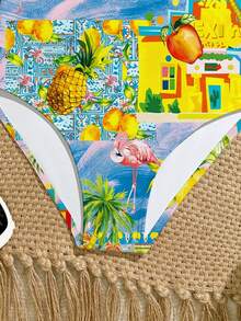 Baddräkt med tropiskt tryck för tweenflickor, elastiskt vävt tyg, tropiskt tryck, bad på stranden - Vitt - Visa 6