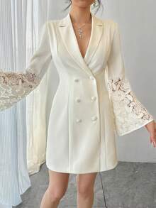 DAZY Vestido mini elegante de mujer con parches de encaje y cuello de blazer, vestido de invitada de boda de primavera/verano - Beis - Ver 5