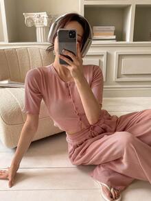 DAZY Bộ đồ mặc nhà mùa hè thoải mái gồm áo khoác và quần màu hồng nhạt cho nữ, gồm 2 món: áo khoác và quần, thích hợp mặc ở nhà. - Hồng - Xem 4