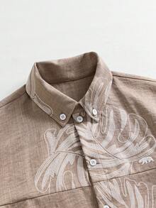 ESTAVOR Men's Tropical Plant Print Single-Breasted Short Sleeve Shirt, Spring/Summer - Brown - View 3