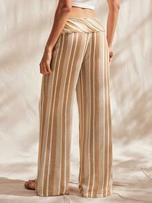 Easelle Striped Print Knotted Casual Loose Wide Leg Pants Bohemia Summer Spring  Beach Pants  Vacation Outfits Women Khaki Loose And Comfortable - Butter Yellow - View 2