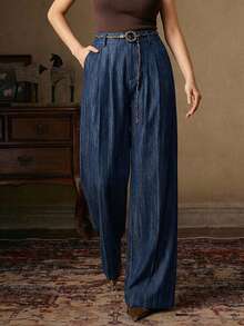 Anewsta Quần ống rộng cạp cao phong cách cổ điển sang trọng, chất liệu vải dệt họa tiết, kèm thắt lưng dệt dành cho nữ. - Màu xanh lam - Xem 5