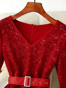 GlowEve Women's Elegant Sequin & Faux Leather Patchwork Ruched Bodycon V-Neck Dress, Slimming Fit, Autumn/Winter - Red - View 3