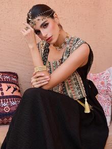 SHEIN Najma Square Neck Jacquard Fringed Sleeveless Flared Hem Arabic Style Dress For Women - Black - View 9