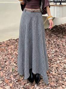 DAZY Women's Casual Commuter Plaid Asymmetric Hem Skirt - Navy Blue - View 5