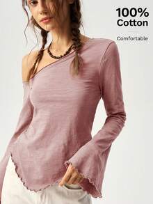 Bohemela Women Solid Color Long Sleeve Asymmetrical Neck T-Shirt, Vacation Style Long Sleeve Tops Women Tops One Shoulder Tops Bell Sleeve Tops Basic Tops - Pink - View 9