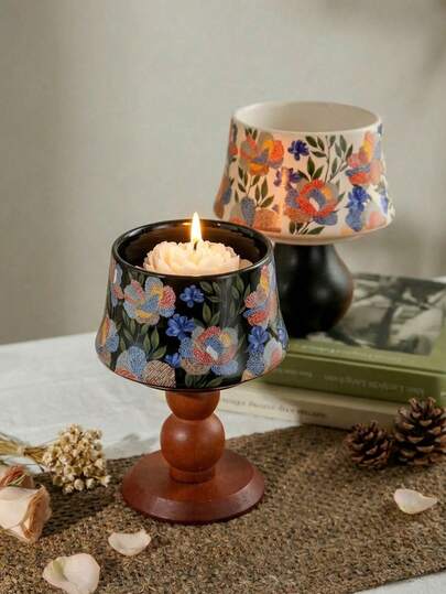 Cirelle Ceramic Candle Cup - Vintage Floral Pattern Holder For Scented Candles, Rustic Farmhouse Or Boho Home Decor