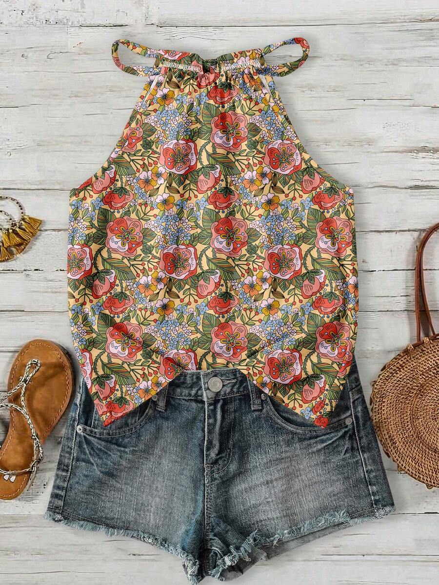 SHEIN LUNE Áo kiểu nữ cổ yếm in hoa, thích hợp cho kỳ nghỉ, hẹn hò, mùa xuân/hè. - Nhiều màu - Xem 1