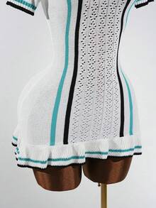 SaltGleam SaltGleam Collared Pearl Button Striped Hollow Crochet Ruffle Hem Fashionable Elegant Women Sweater Dress - Multicolor - View 6