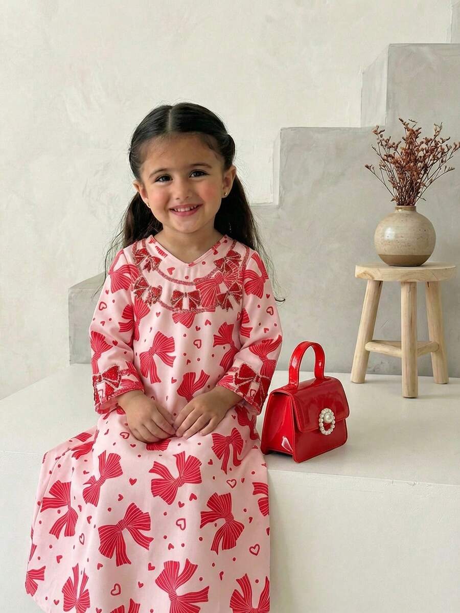 SHEIN Đầm dài tay cổ chữ V in nơ cho bé gái - Đỏ - Xem 1