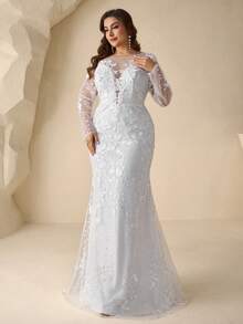 Coutiva 加大码花卉刺绣网纱婚纱 - 白色 - 查看 3