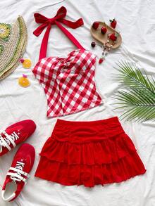 Soleia 女士度假格子扭结露背上衣和双层荷叶边迷你裙两件套 - 彩色 - 查看 1