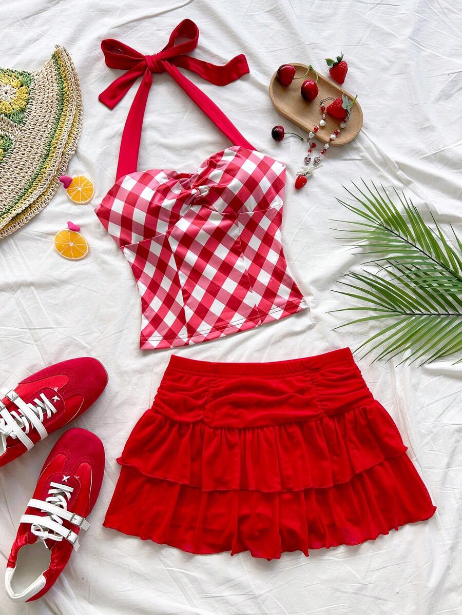 Soleia 女士度假格子扭结露背上衣和双层荷叶边迷你裙两件套 - 彩色 - 查看 1